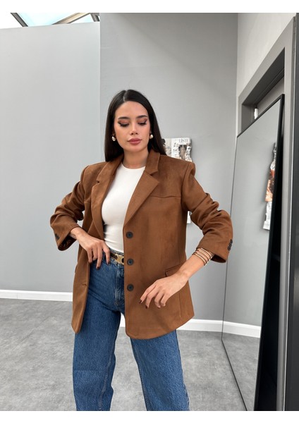 Taba Oversize Süet Blazer Ceket