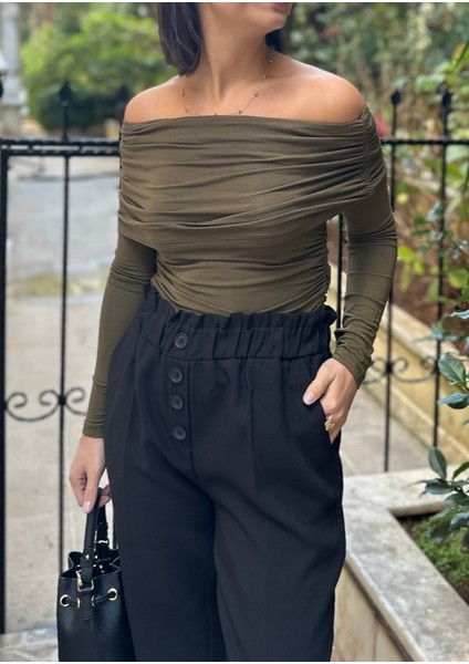 Kadın Haki Kayık Yaka Bluz