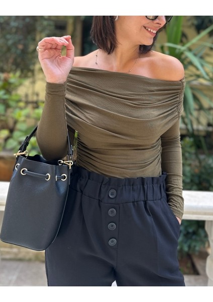 Kadın Haki Kayık Yaka Bluz modelleri