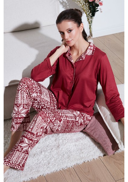 Desenli Regular Fit Apaş Yaka Beli Lastikli Bol Paça Pijama Takımı Bayan Pijama Takımı 65714300