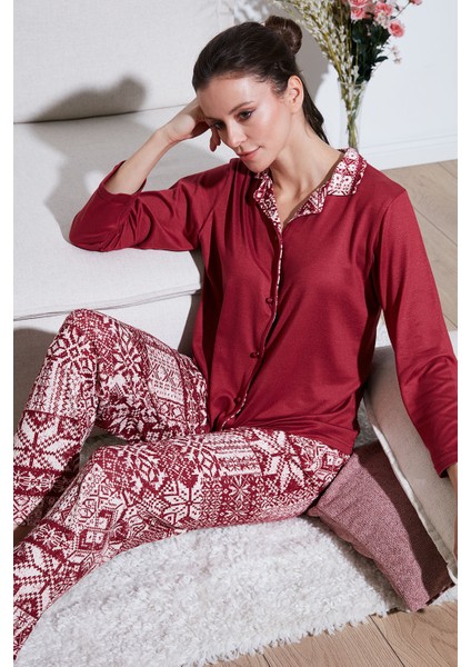 Desenli Regular Fit Apaş Yaka Beli Lastikli Bol Paça Pijama Takımı Bayan Pijama Takımı 65714300