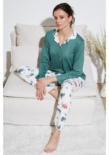 Desenli Regular Fit Apaş Yaka Beli Lastikli Bol Paça Pijama Takımı Bayan Pijama Takımı 65714300