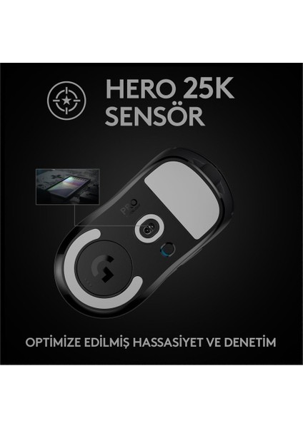 Logitech G Pro x Superlıght Ultra Hafif Hero 25.600 Dpı 400 IPS Lıghtspeed Kablosuz Oyuncu Mouse - Siyahh(Kutusuz Teşhirr Ürün)