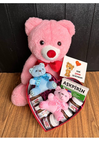 Sevgiliye 35CM Pembe Ayıcık ve Kalp Kutuda Nutellalar Tatlı Ayıcıklar Aşkpirin