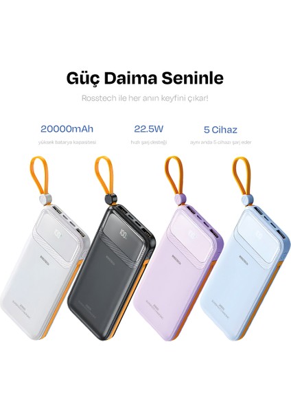 RS-500 20.000MAH 22.5W Pd Powerbank Dijital Ekranlı 6 Portlu Dahili Çift Kablolu