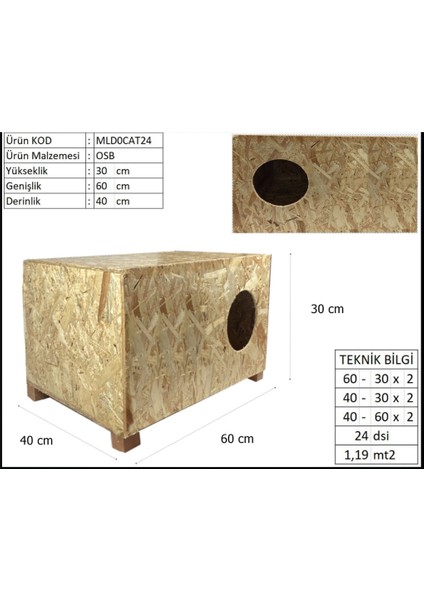 Kedi Evi Dış Ortam Uygun Ahşap Kedi Evi Osb 60 x 40 x 30 cm fırsatları