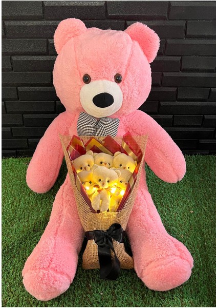 80CM Pembe Ayıcık ve Ledli Ayıcık Buketi Hediye Sepeti