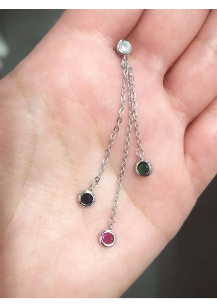 Sallantılı Renkli Taşlı Tek Zincir Küpeaşlı Zincir Küpe