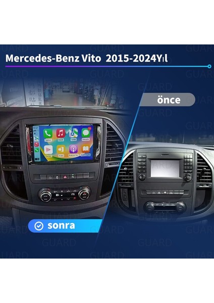 Mercedes Benz Vito 2015-2024 Android Sürüm 13 Kablosuz Carplay Navigasyon Multimedya 9 Inç Ekran 2Gb Ram + 32Gb Rom Bellek Çerçeveli ve arka görüş kameralı