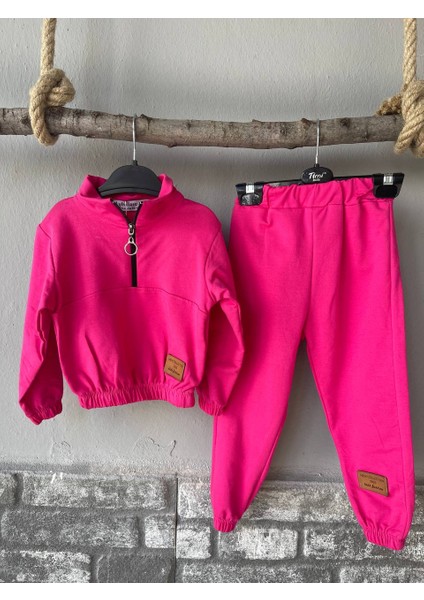 Kız Çocuk Fermuarlı Dik Yaka Sweatshirt Eşofman Takımı Kız Çocuk Alt Üst Takım