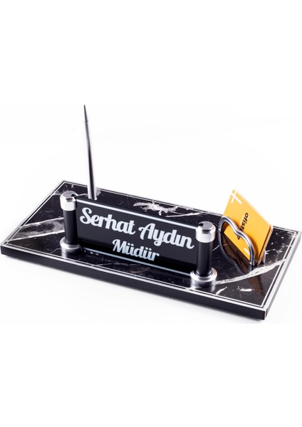 Piano Mermer Desen Ahşap Gümüş Kalemli Masa Isimliği Ofis Masaüstü Isimlik Seti Ekonomik Iş Hediyesi