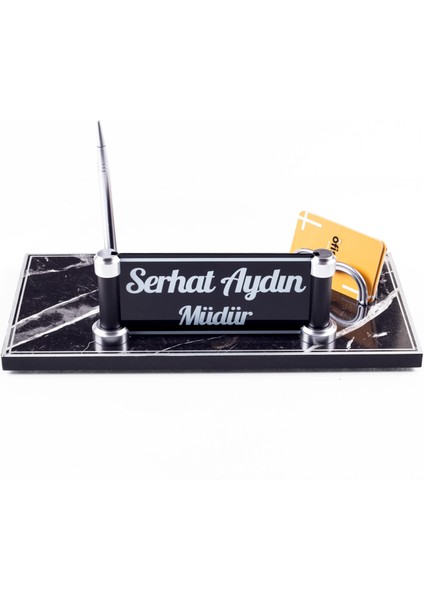 Piano Mermer Desen Ahşap Gümüş Kalemli Masa Isimliği Ofis Masaüstü Isimlik Seti Ekonomik Iş Hediyesi