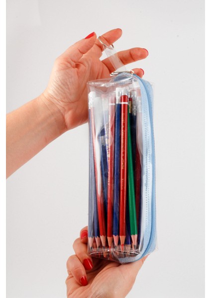 Mavi Fermuarlı Kaliteli Pvc Şeffaf Kalemlik Makyaj Çantası Kalem Kutusu fırsatları