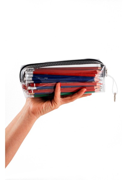 Siyah Fermuarlı Kaliteli Pvc Şeffaf Kalemlik Makyaj Çantası Kalem Kutusu