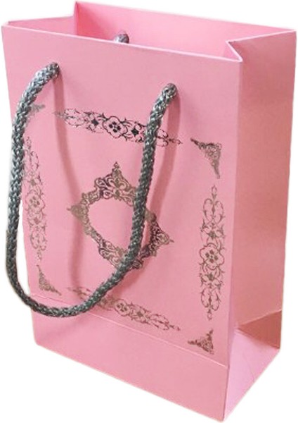Karton Ip Saplı Çantası Saray Desenli Gümüş 12x17 25 Adet Pembe