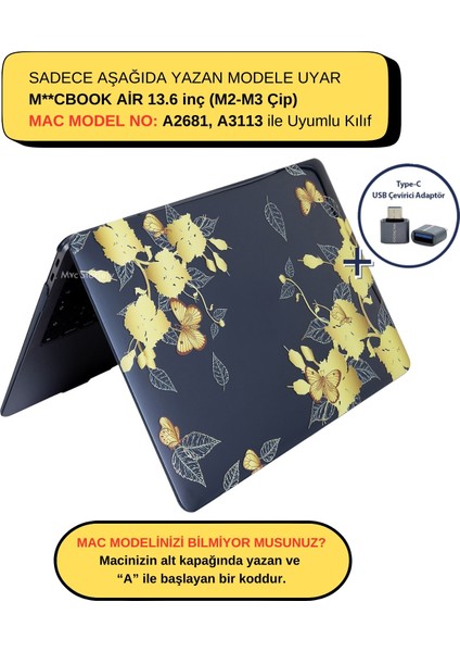 Macbook Air Kılıf 13.6 inç M2-M3, Flower-01NL (TouchID'li Air M2-M3 13.6") A2681 A3113 ile Uyumlu