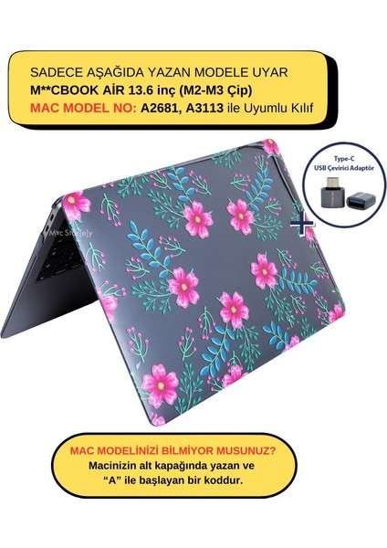 Macbook Air Kılıf 13.6 inç M2-M3, Flower-01NL (TouchID'li Air M2-M3 13.6") A2681 A3113 ile Uyumlu