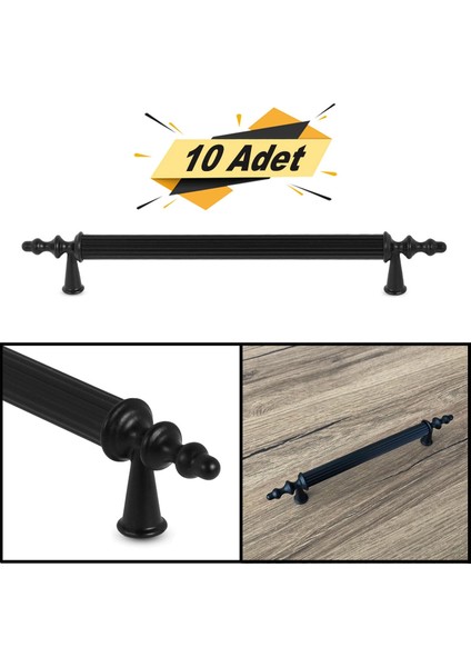 (10 Adet) Çekmece Dolap Kapak Kulbu 192 mm Mat Siyah Metal Kulp 19.2 cm