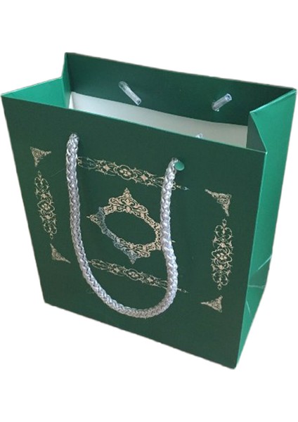 Karton Ipsaplı Çantası Saray Desenli Gümüş 15x17x8 10 Adet Yeşil