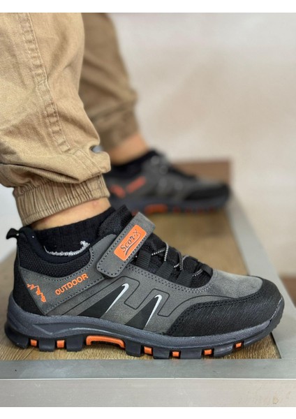 Bantlı Kısa Çocuk Spor Outdoor Ayakkabı-Füme-Oranj