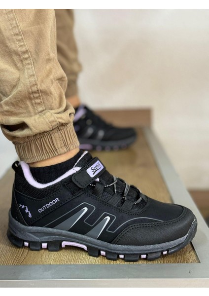 Bantlı Kısa Çocuk Spor Outdoor Ayakkabı-Siyah-Lila