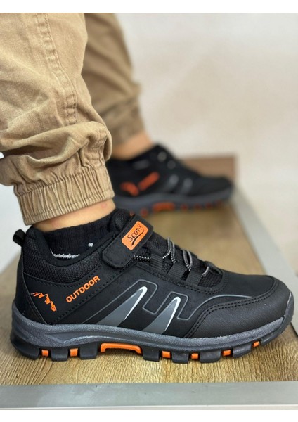 Bantlı Kısa Çocuk Spor Outdoor Ayakkabı-Siyah-Oranj