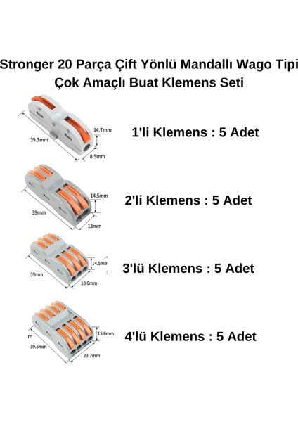 20 Parça Çift Yönlü Mandallı Wago Tipi Çok Amaçlı Buat Klemens Seti