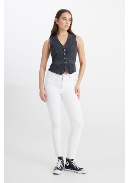 Skinny Fit Dar Kesim Yüksek Bel Çok Dar Paça Forever Fit Kırık Beyaz Jean Kot Pantolon