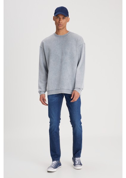 Loose Fit Rahat Kesim Bisiklet Yaka %100 Pamuk Gri Sweatshirt