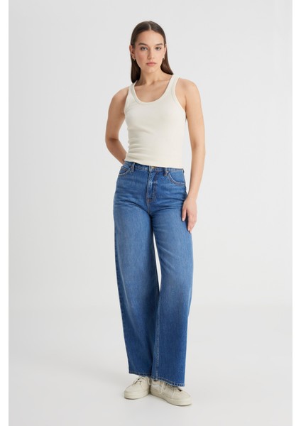 Regular Fit Normal Kesim Yüksek Bel İspanyol Paça %100 Pamuk Stella A Line Mavi Jean Kot Pantolon