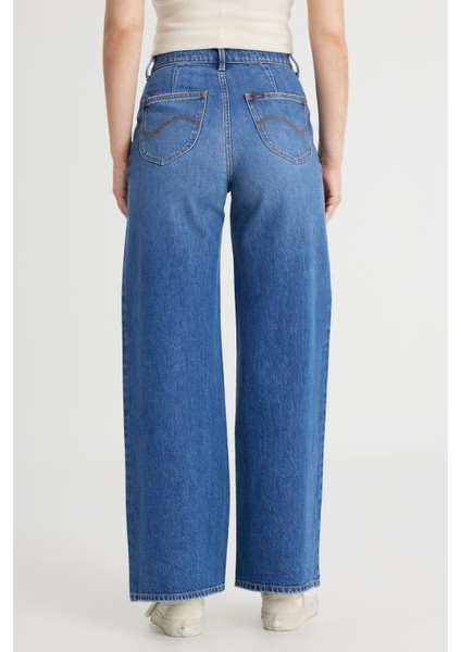 Regular Fit Normal Kesim Yüksek Bel İspanyol Paça %100 Pamuk Stella A Line Mavi Jean Kot Pantolon