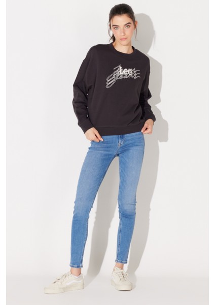 Relaxed Fit Geniş Kesim %100 Pamuk Bisiklet Yaka Şardonlu Antrasit Sweatshirt