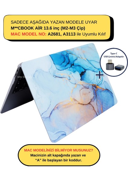 Macbook Air Kılıf 13.6 inç M2-M3, Marble14NL (TouchID'li Air M2-M3 13.6") A2681 A3113 ile Uyumlu