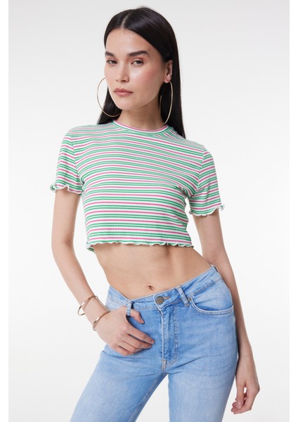 Slim Fit Dar Kesim Bisiklet Yaka Kısa Kollu Crop Renkli Esnek Tişört