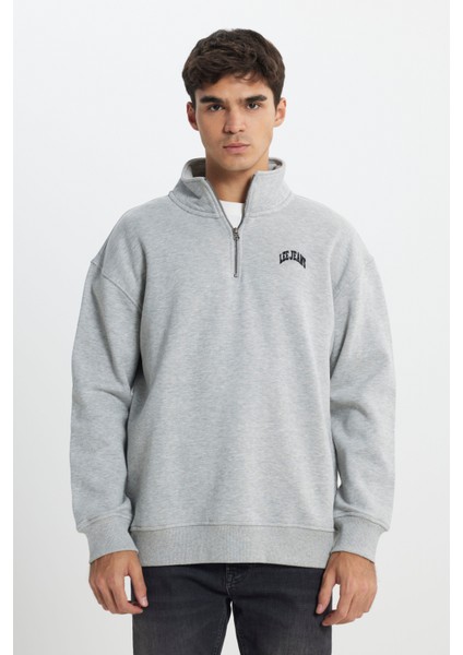 Regular Fit Normal Kesim Dik Yaka Şardonlu Yarım Fermuar Gri Melanj Sweatshirt