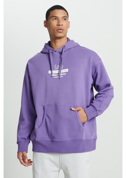 Loose Fit Rahat Kesim Kapüşonlu İçi Polarlı Sırt Baskılı Mor Sweatshirt