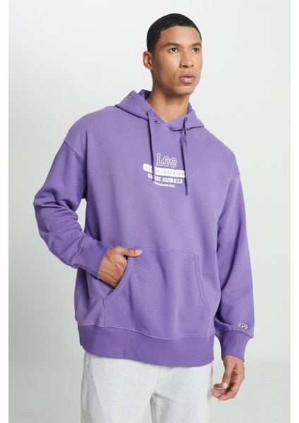 Loose Fit Rahat Kesim Kapüşonlu İçi Polarlı Sırt Baskılı Mor Sweatshirt modelleri