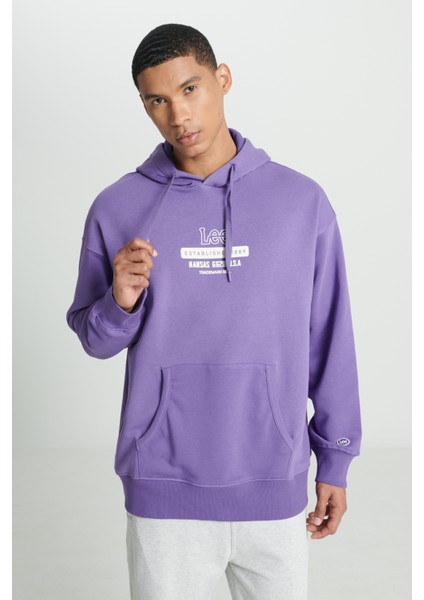 Loose Fit Rahat Kesim Kapüşonlu İçi Polarlı Sırt Baskılı Mor Sweatshirt fırsatları