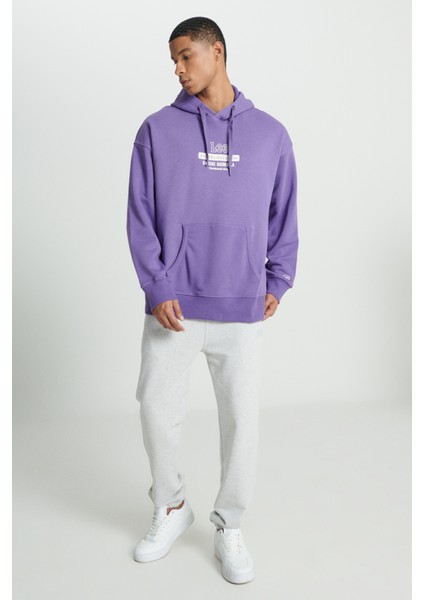 Loose Fit Rahat Kesim Kapüşonlu İçi Polarlı Sırt Baskılı Mor Sweatshirt indirimleri