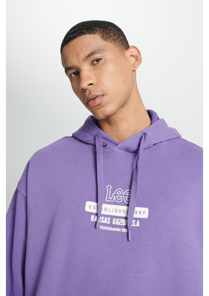 Loose Fit Rahat Kesim Kapüşonlu İçi Polarlı Sırt Baskılı Mor Sweatshirt