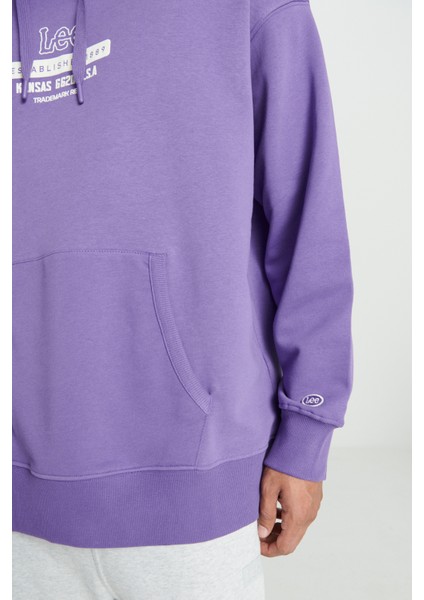 Loose Fit Rahat Kesim Kapüşonlu İçi Polarlı Sırt Baskılı Mor Sweatshirt