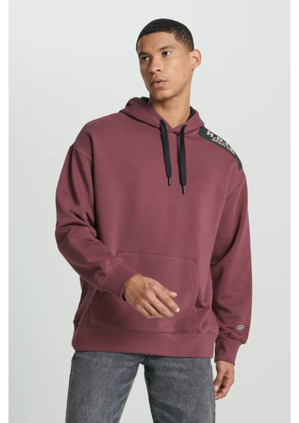 Loose Fit Rahat Kesim Kapüşonlu İçi Polarlı Sırt Baskılı Bordo Sweatshirt