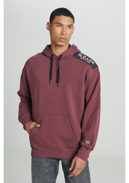 Loose Fit Rahat Kesim Kapüşonlu İçi Polarlı Sırt Baskılı Bordo Sweatshirt