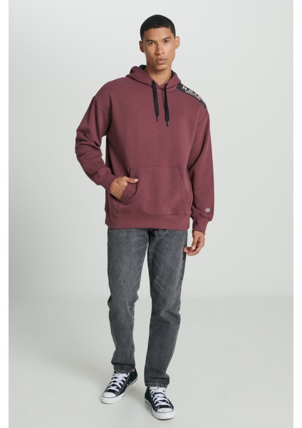 Loose Fit Rahat Kesim Kapüşonlu İçi Polarlı Sırt Baskılı Bordo Sweatshirt