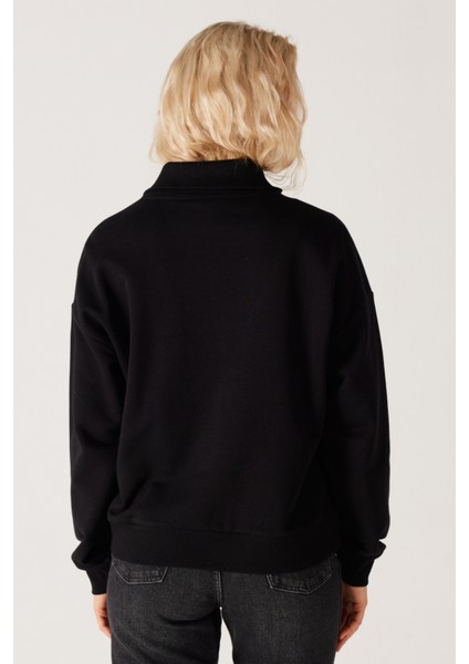 Relaxed Fit Geniş Kesim Dik Yaka Yarım Fermuarlı İçi Polarlı İndigo Sweatshirt