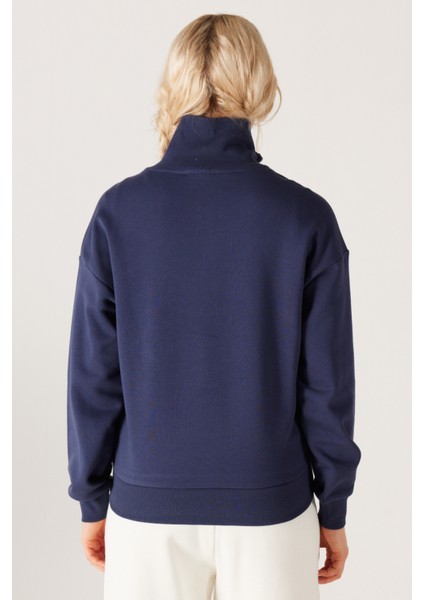 Relaxed Fit Geniş Kesim Dik Yaka Yarım Fermuarlı İçi Polarlı İndigo Sweatshirt