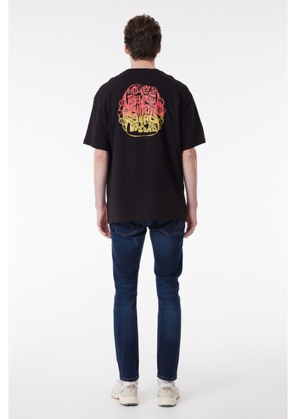 Loose Fit %100 Pamuk Sırtı Baskılı Bisiklet Yaka Tişört