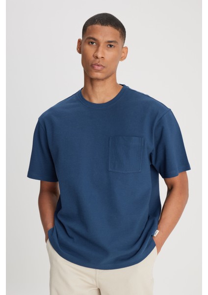 Loose Fit Rahat Kesim Bisiklet Yaka %100 Pamuk Lacivert Tişört