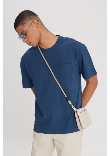 Loose Fit Rahat Kesim Bisiklet Yaka %100 Pamuk Lacivert Tişört fiyatları