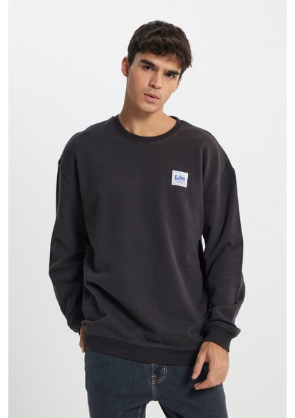 Relaxed Fit Geniş Kesim %100 Pamuk Bisiklet Yaka Şardonlu Antrasit Sweatshirt